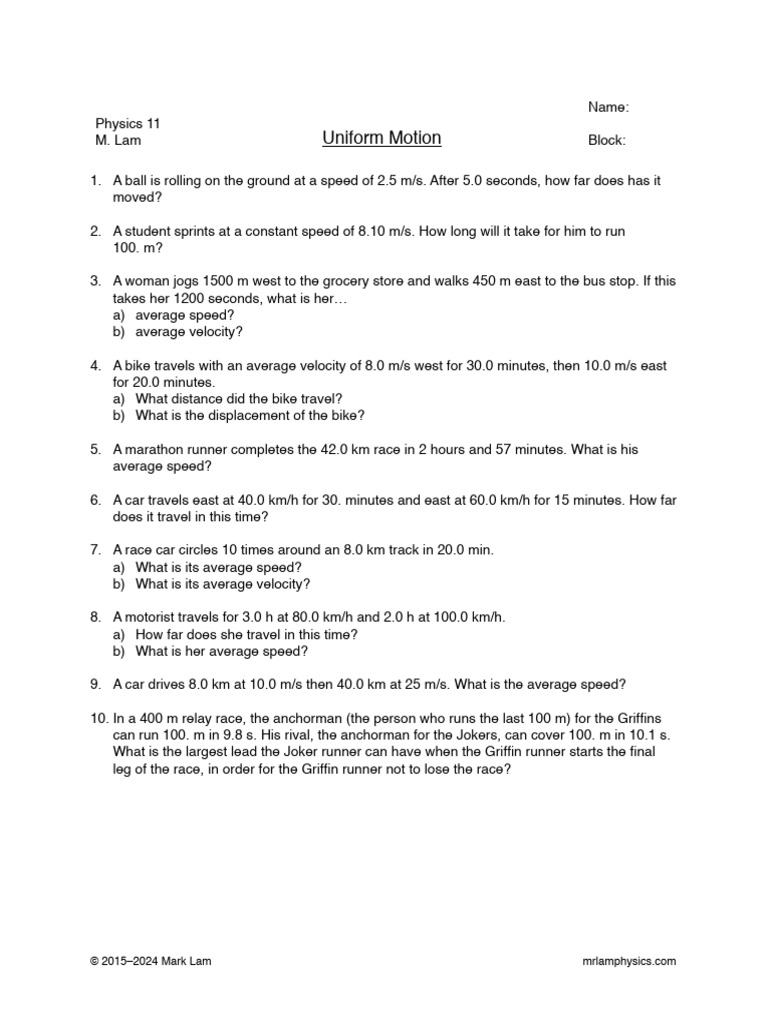 Uniform Motion Practice Problems | PDF