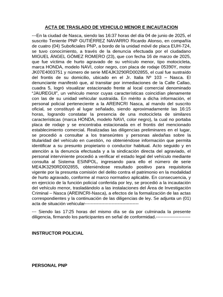 Acta de Incautación de Motocicleta Hurta | PDF | Crímenes | Crimen y ...
