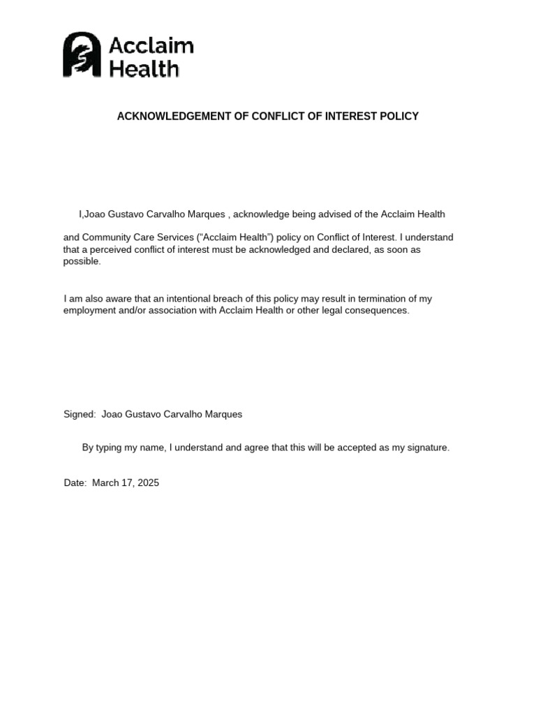 Conflict of Interest Policy Acknowledgment | PDF
