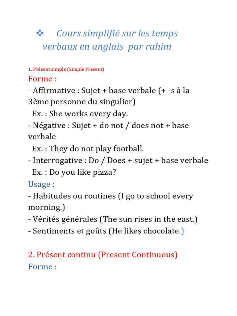 Cours sur les temps verbaux en anglais | PDF | Grammaire | Syntaxe