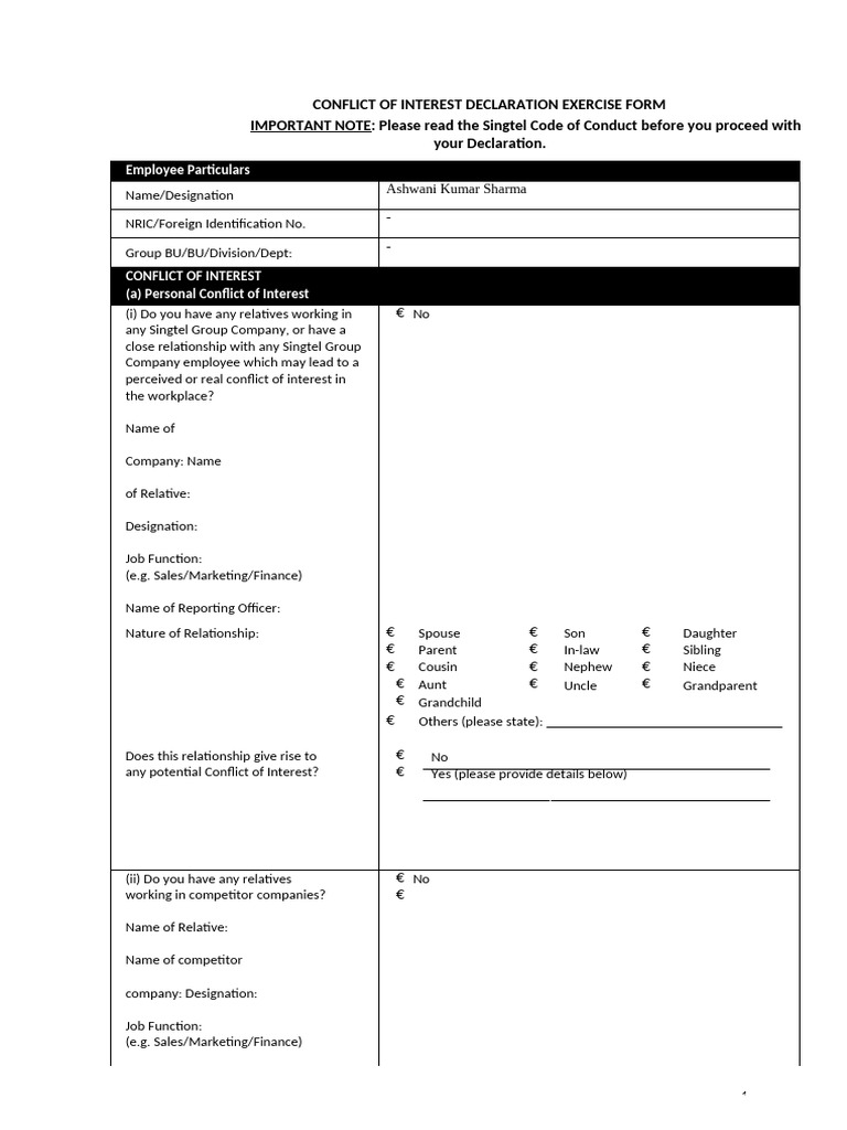 Conflict of Interest Declaration Form | PDF | Family | Conflict Of Interest