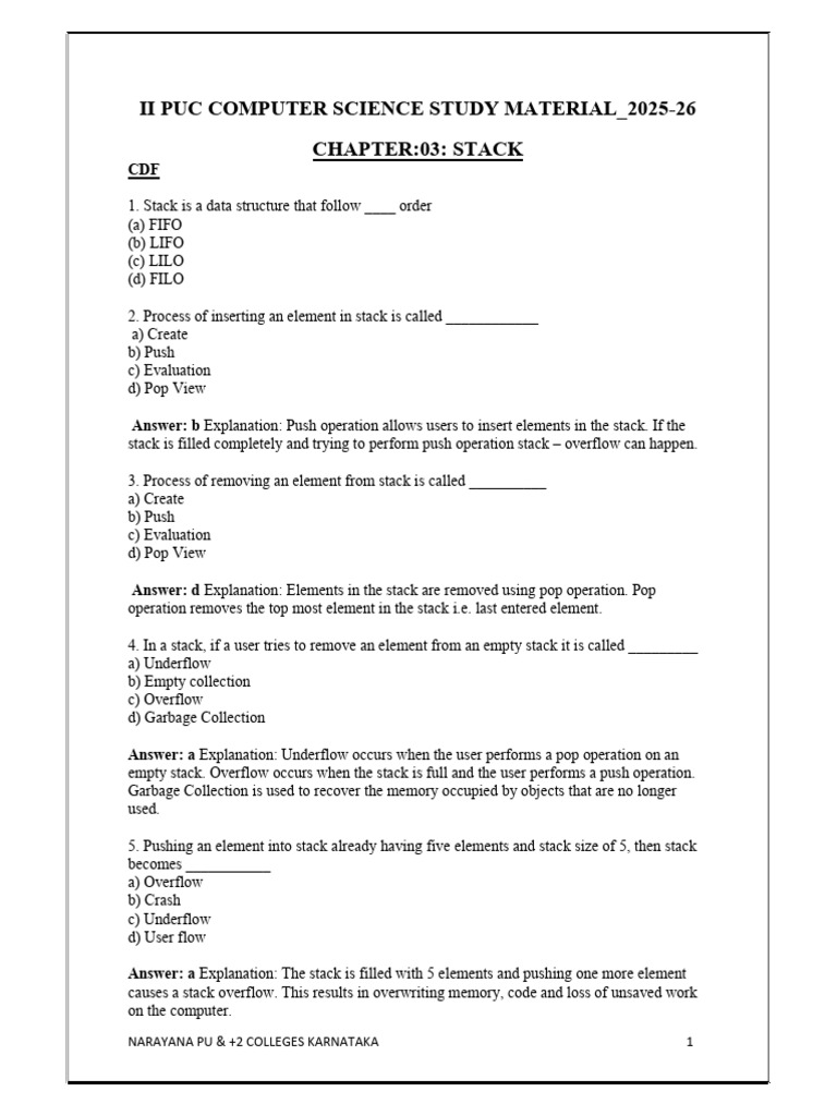 II PUC Computer Science: Stack Notes 2025-26 | PDF | Computer ...