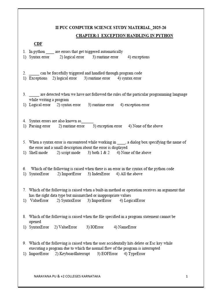 Incoming Ii Puc Computer Science Chapter 1 Exception Handling in Python ...