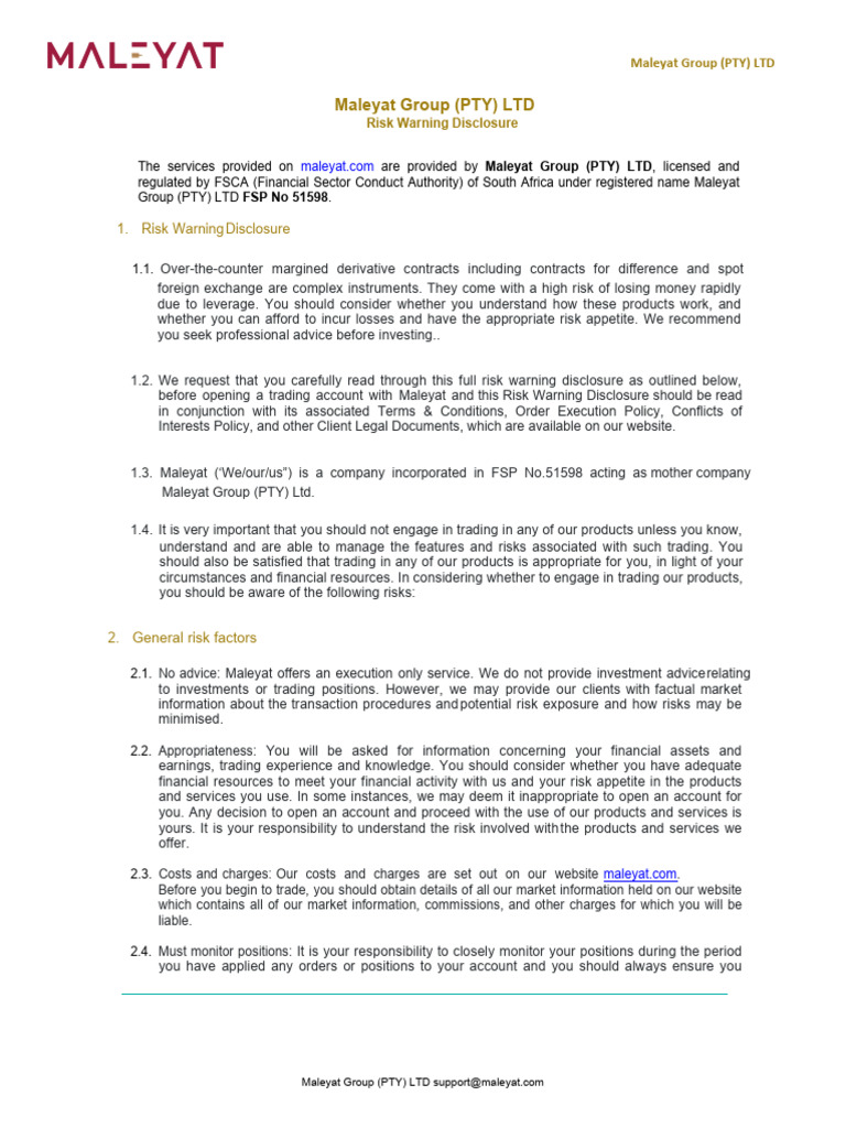 MALEYAT Risk Warning Disclosure | PDF | Contract For Difference ...