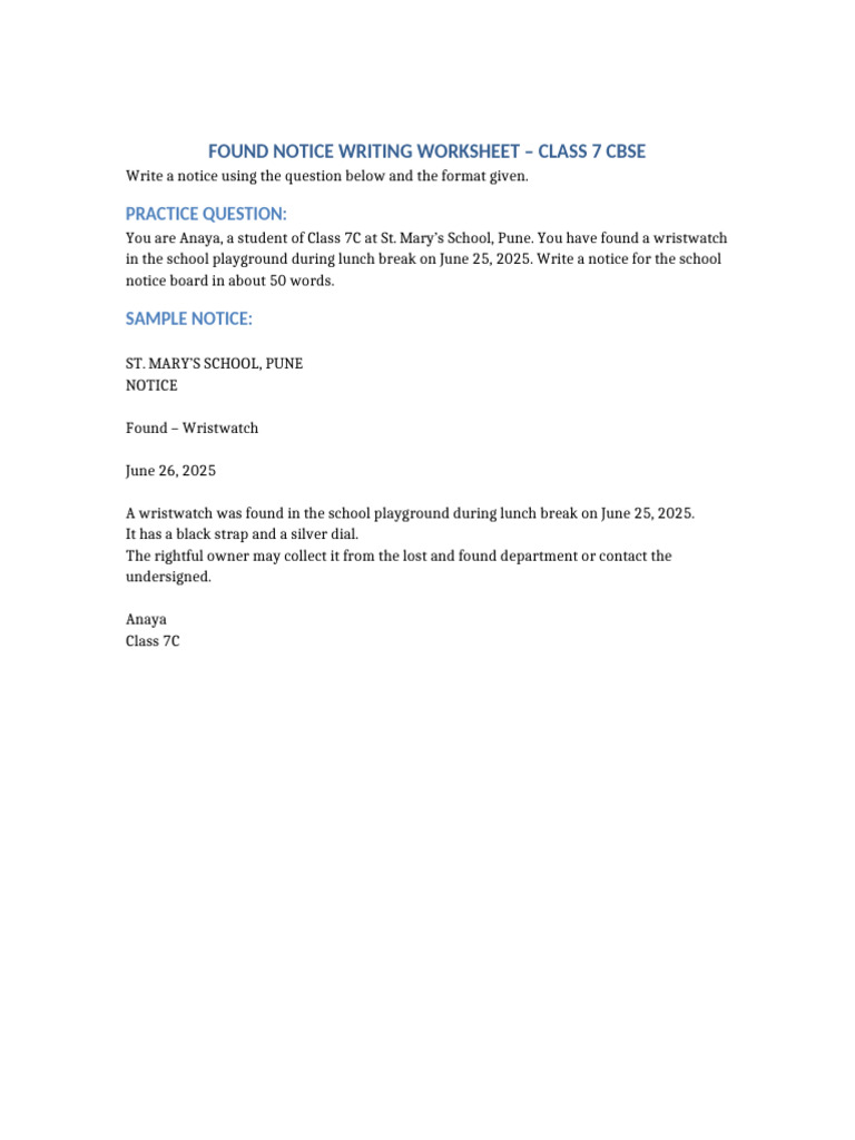 Found Notice Writing for Class 7 | PDF