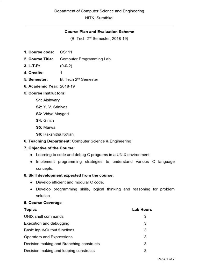 Computer Programming Lab Course Plan | PDF | Area | C (Programming ...