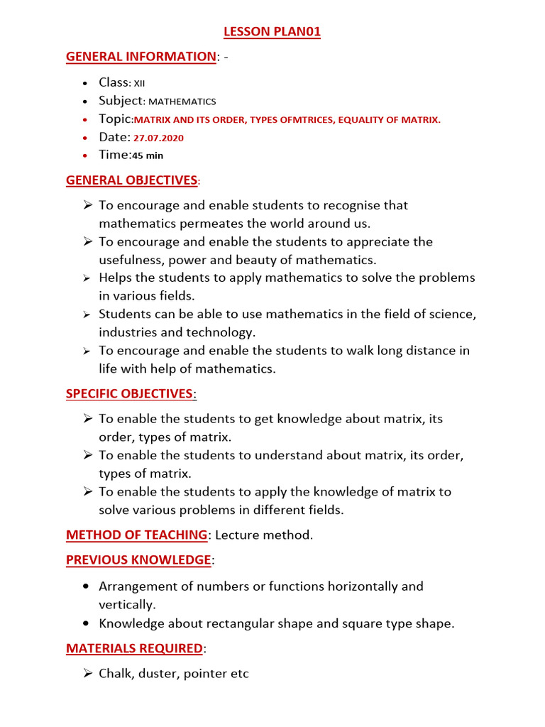 Grade 12 Matrix Lesson Plan | PDF | Matrix (Mathematics) | Algebra