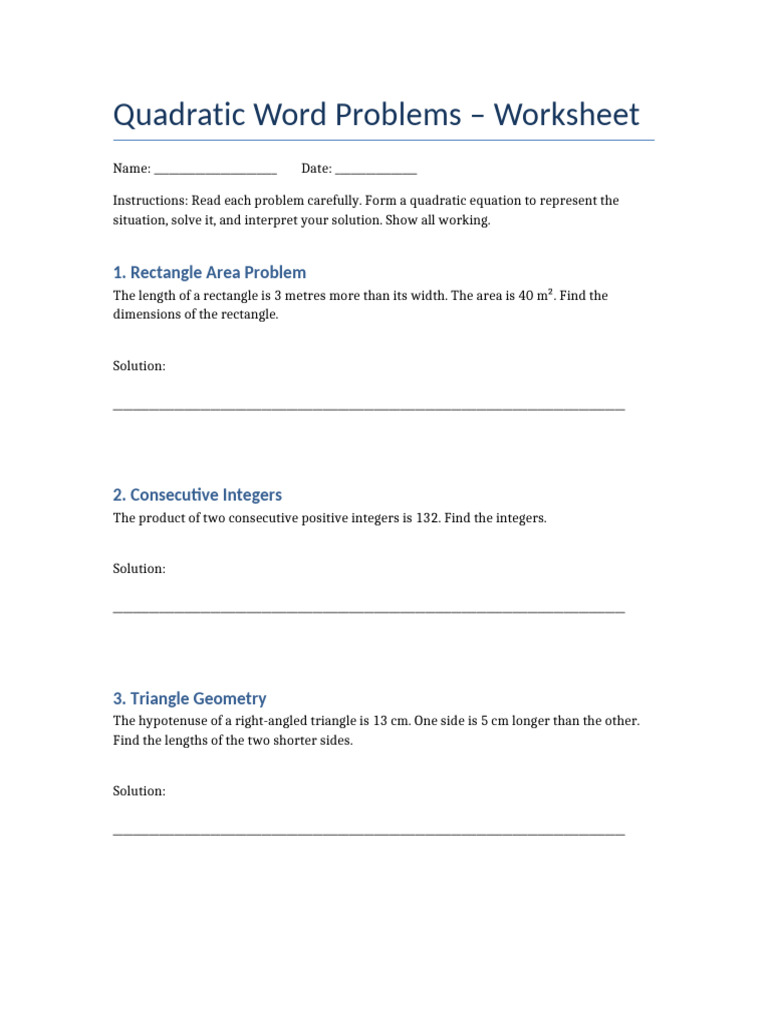 Quadratic Word Problems Worksheet | PDF
