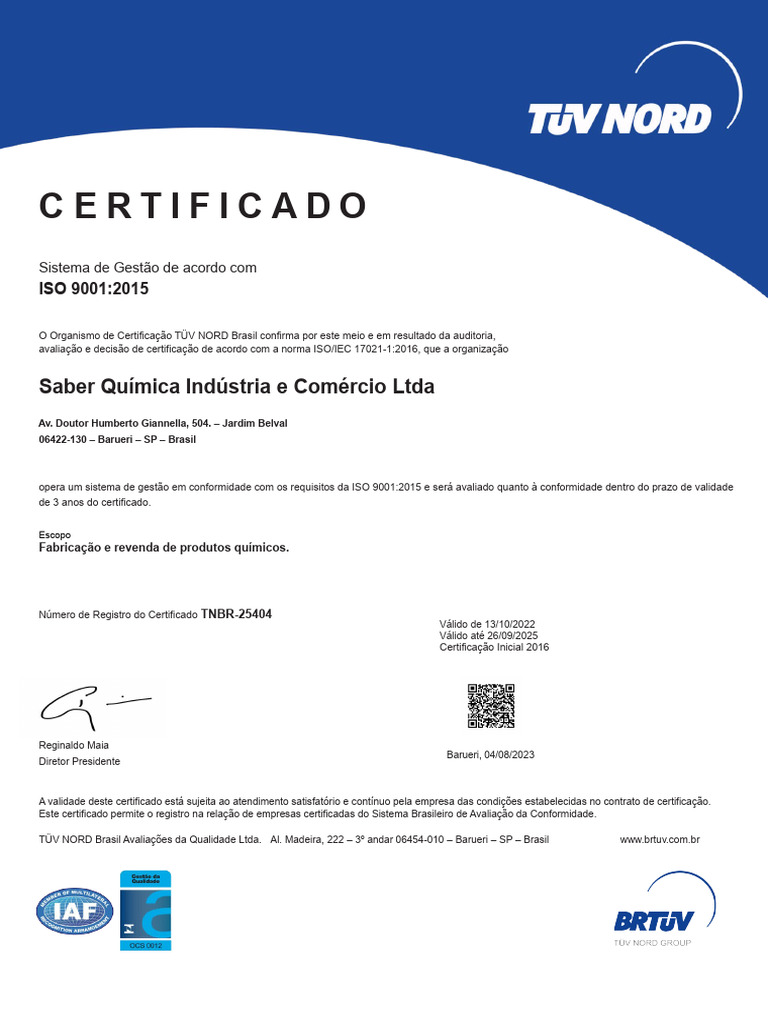 Certificação ISO 9001:2015 da Saber Química | PDF
