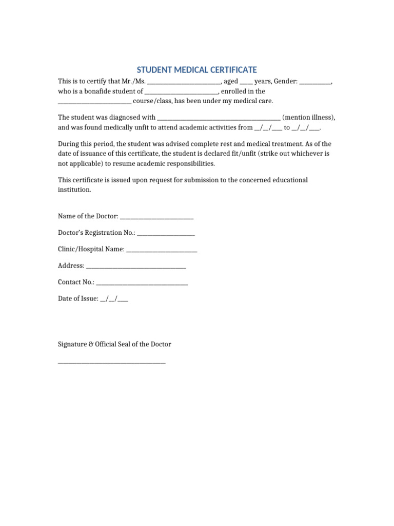 Student Medical Certificate Template | PDF