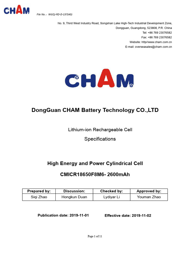 CMICR18650F8M6 2600mAh Datasheet | PDF | Lithium Ion Battery ...