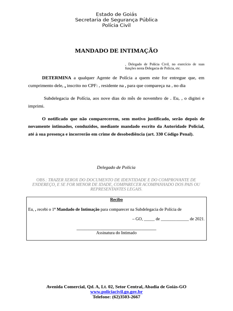 Mandado de Intimação - Modelo | PDF