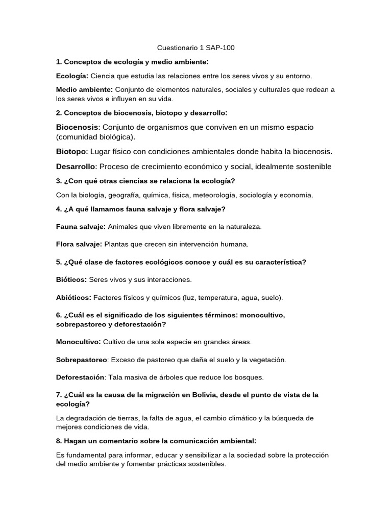 Cuestionario sobre Ecología y Medio Ambiente | PDF | Entorno natural ...
