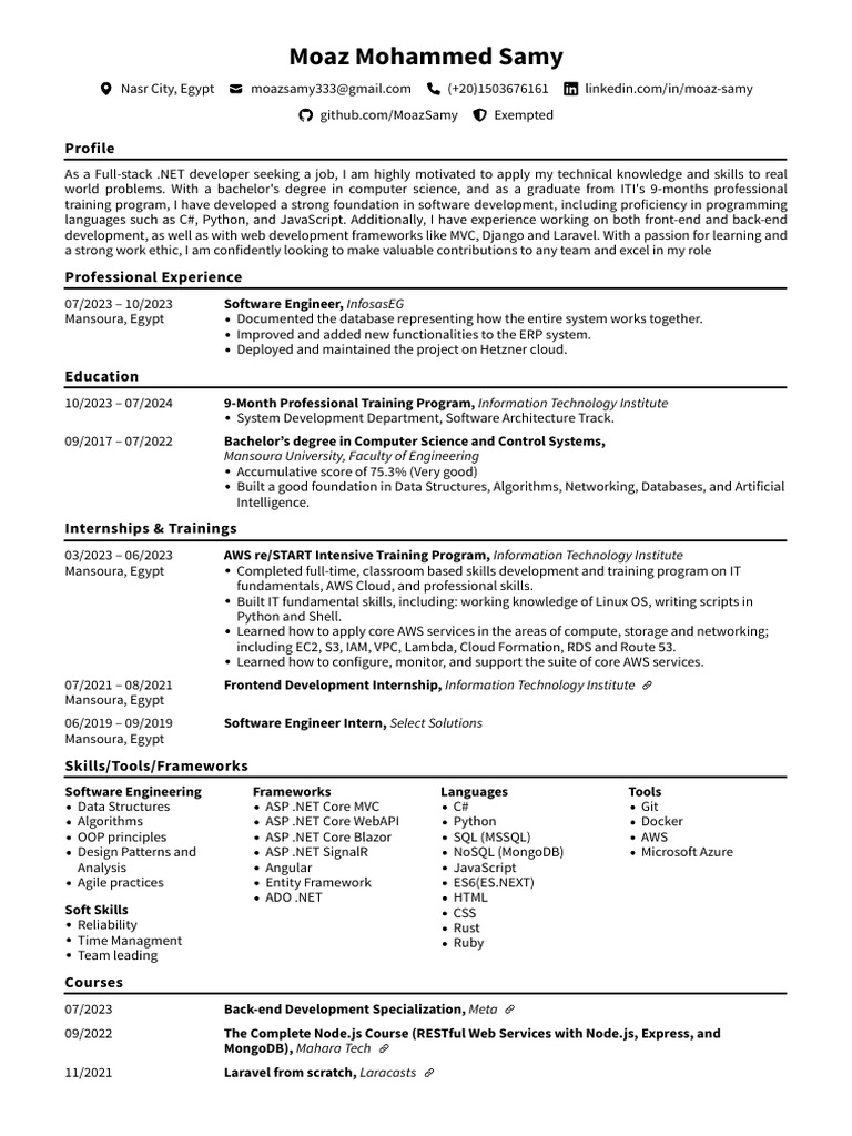 Moaz Samy Full Stack .NET Developer | PDF | Amazon Web Services | Computing