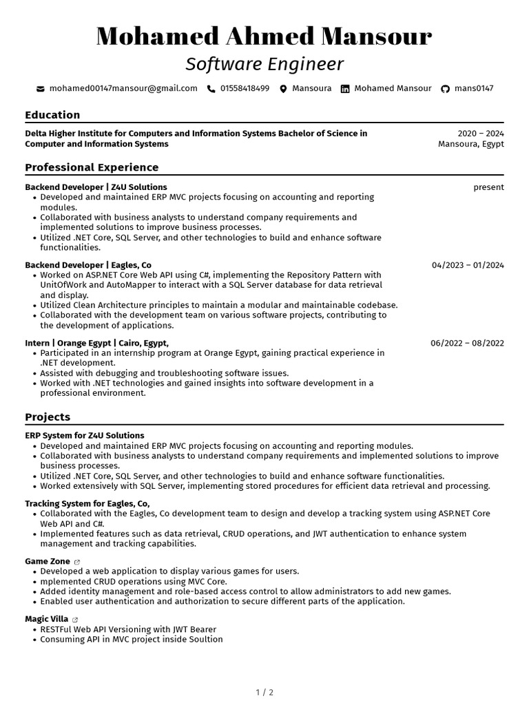 Mohamed Ahmed Mansour Software Engineer CV | PDF | Microsoft Sql Server ...