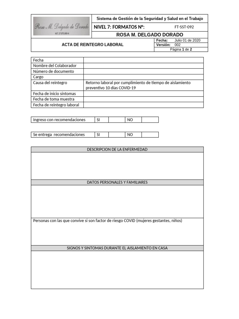 Acta de Reintegro Laboral COVID-19 | PDF | Especialidades Medicas ...