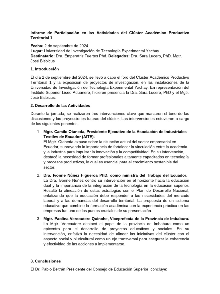 001 Informe Yachay Cluster Académico 02 - Sep - 2024 | PDF | Economias
