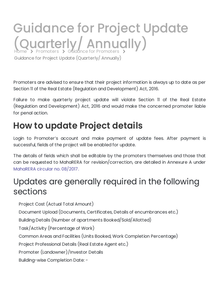 RERA Quarterly Project Update Guidance | PDF