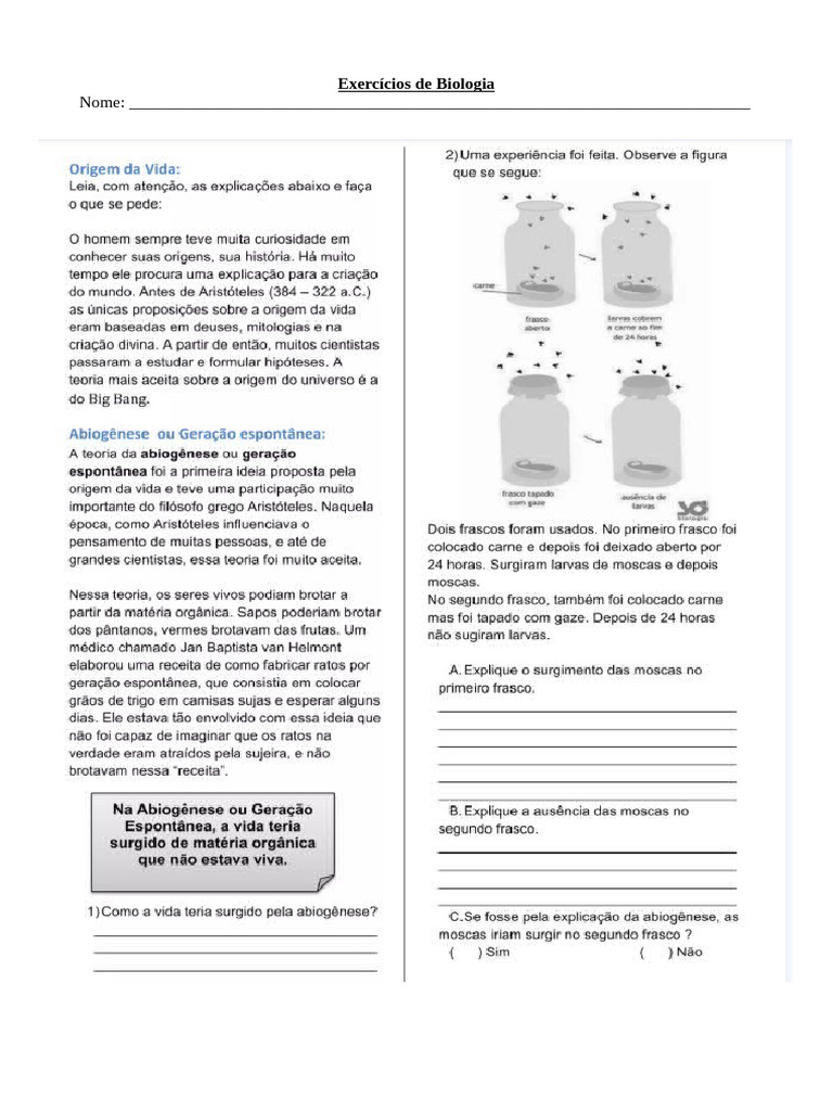 Exercicios Origem Da Vida | PDF