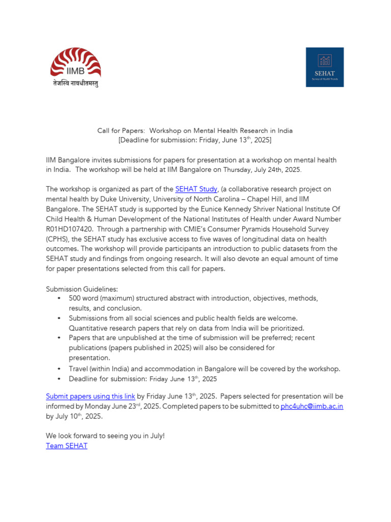 Call For Papers - Workshop On Mental Health | PDF