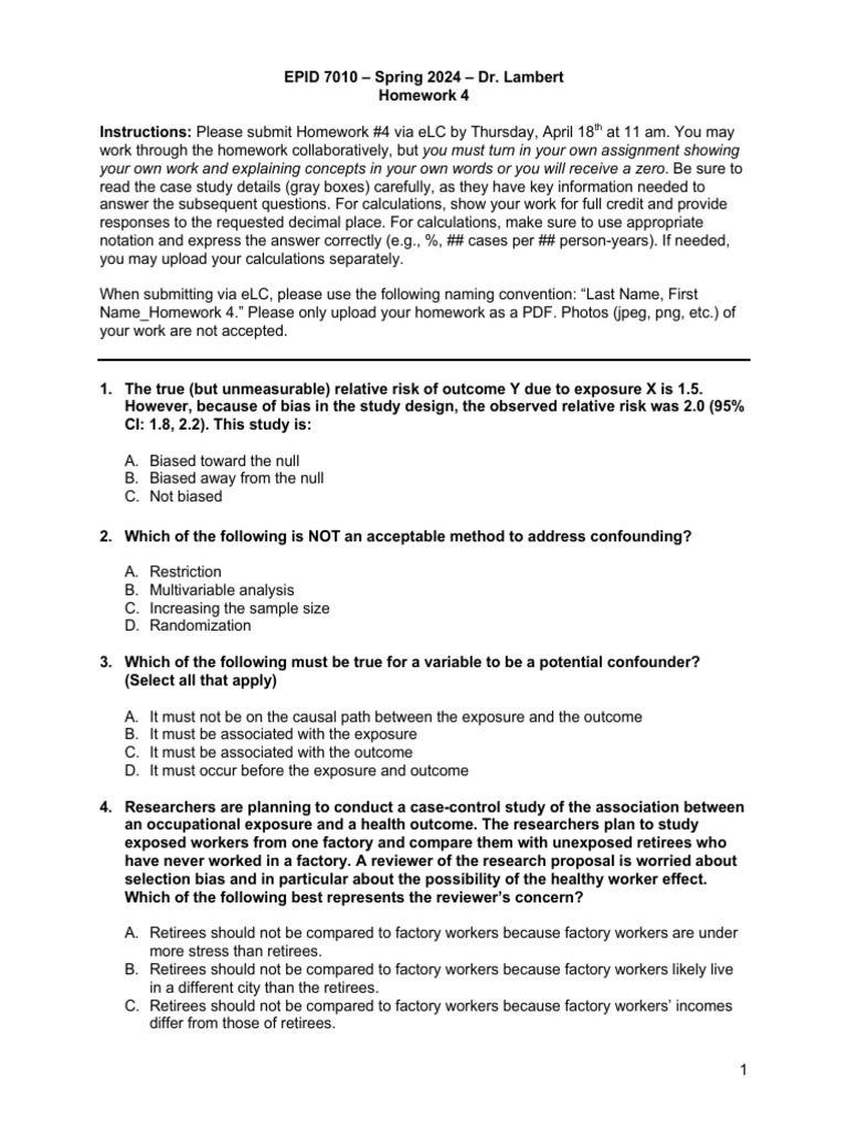 Epid 7010 Hw4 Spring 2024 | PDF | Dermatitis | Confounding