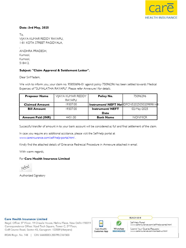 Claim Settlement Notification for Policy 75096296 | PDF