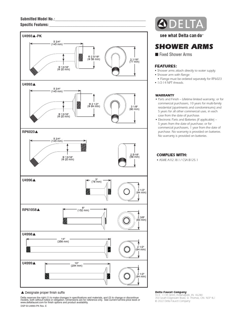 Delta Fixed Shower Arms Specifications | PDF | Plumbing