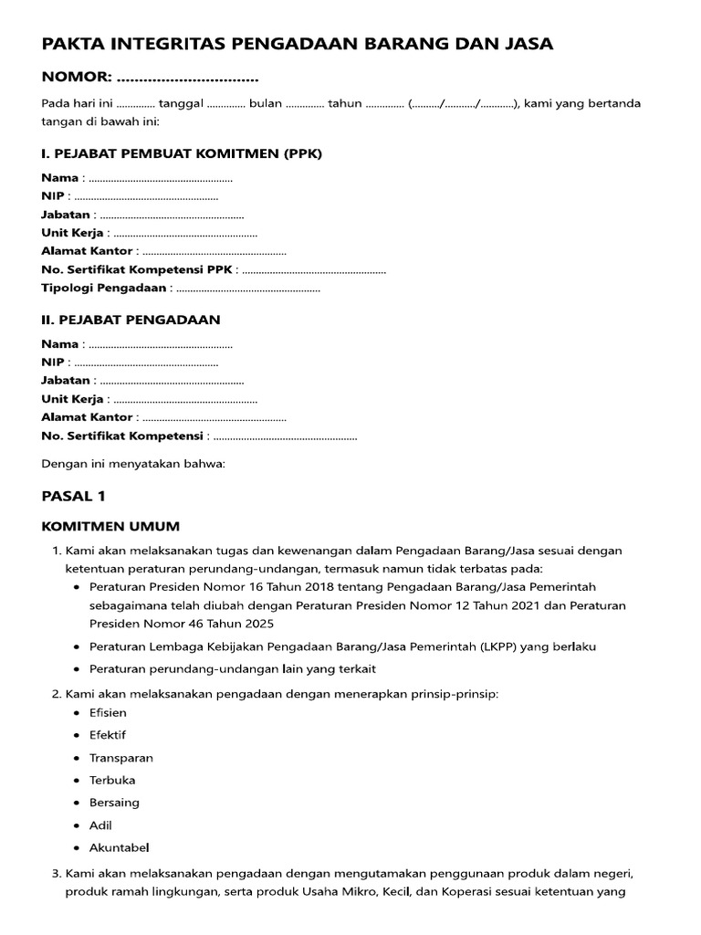 Template Pakta Integritas Pengadaan Barang Dan Jasa | PDF