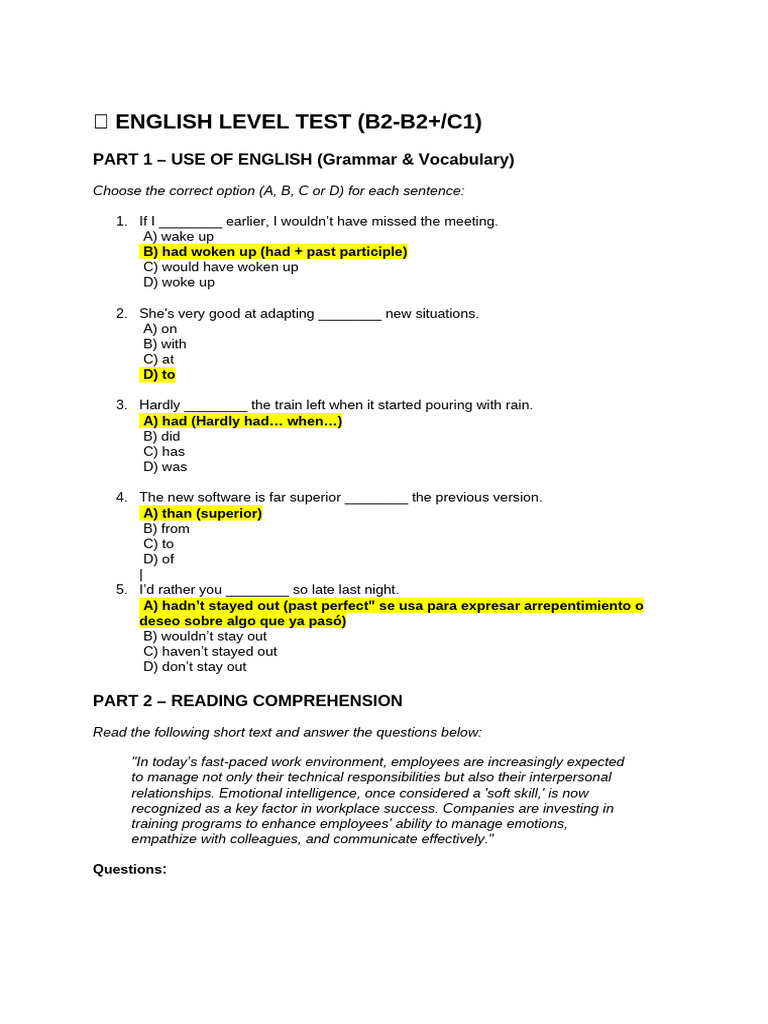 B2-C1 English Level Test: Grammar & Skills | PDF | Psychology | Cognition