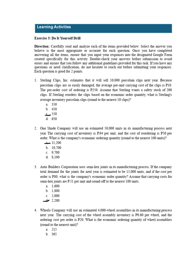 Inventory Management Practice Questions | PDF | Logistics | Production ...