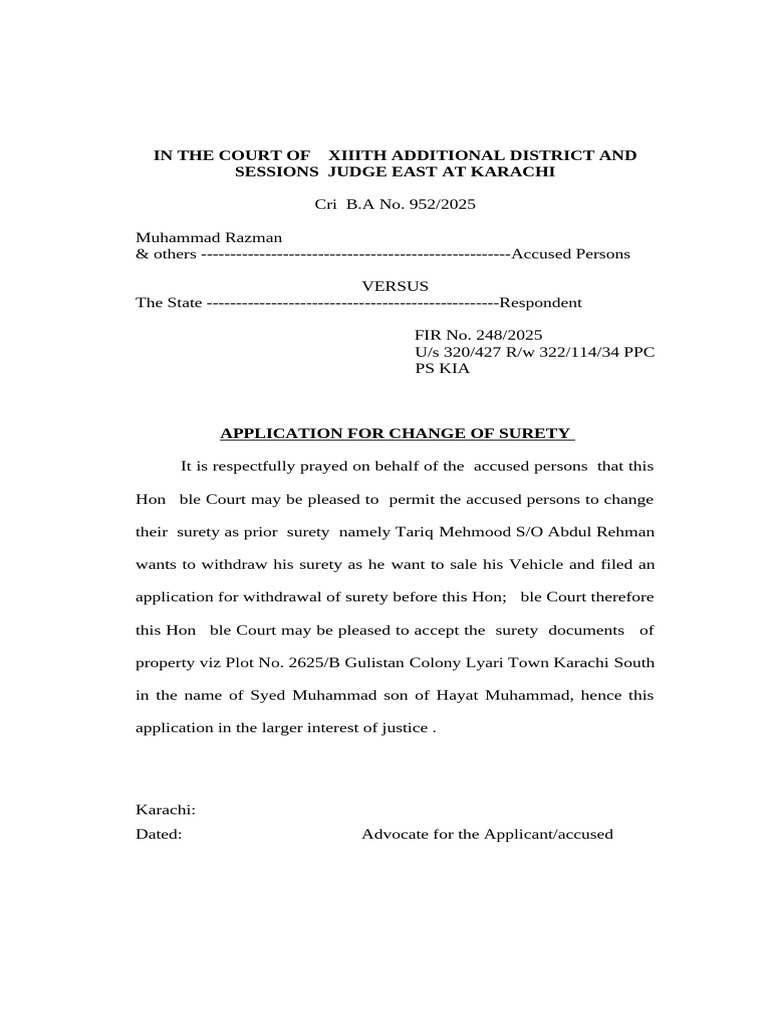 Appl. Change of Surety Change of Surety Zahoor | PDF | Affidavit