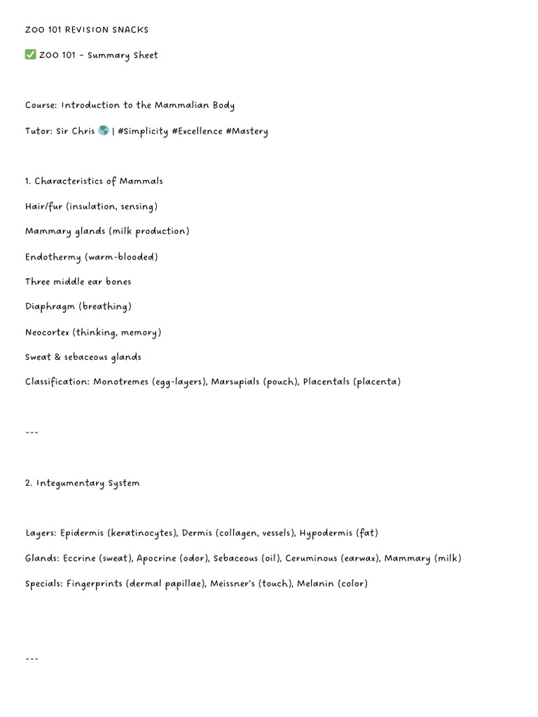ZOO 101: Mammalian Body Overview | PDF | Human Sexuality | Central ...