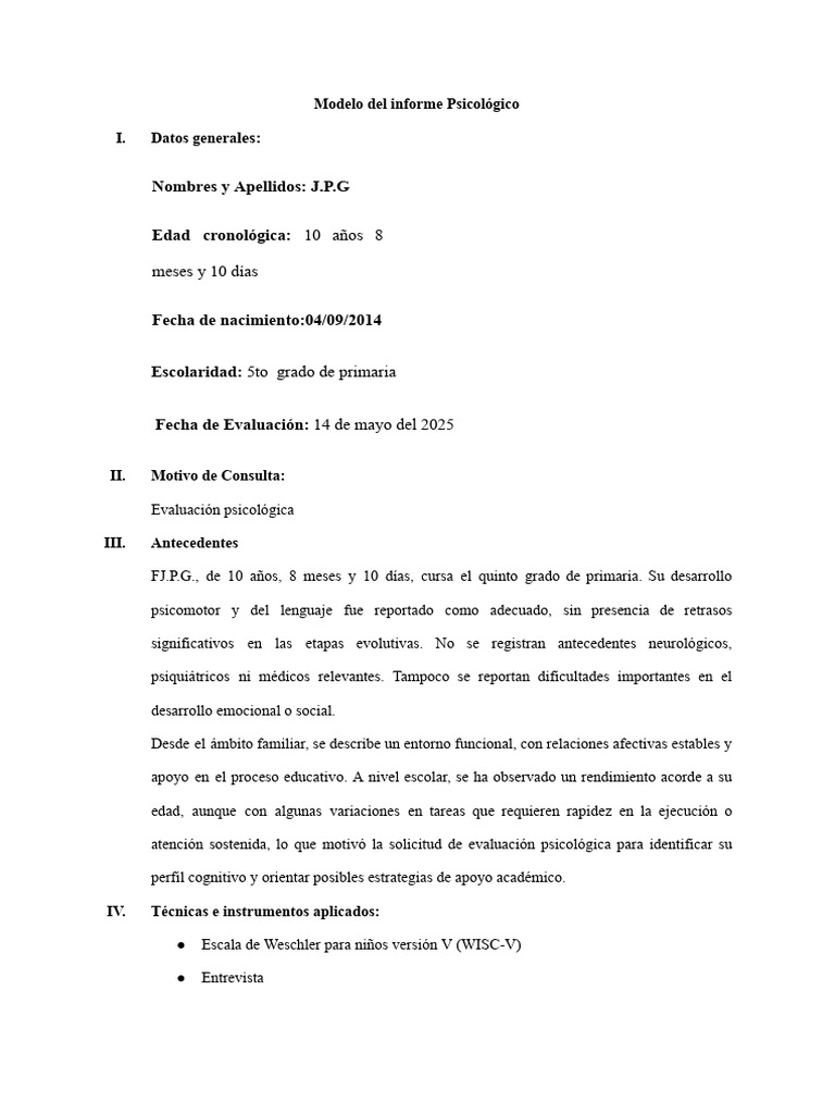 Informe Psicológico de Evaluación Infantil | PDF | Cociente de ...