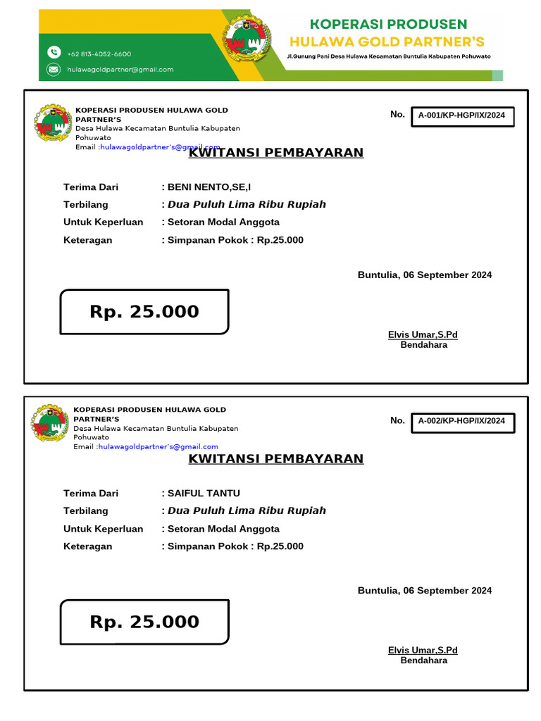 Kwitansi Setoran Modal Koperasi 2024 | PDF