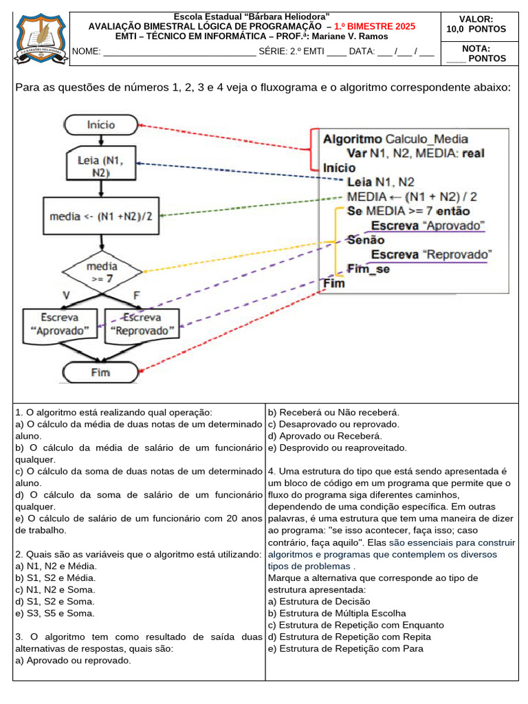 Avaliação de Lógica de Programação EMTI | PDF | Algoritmos | Controle ...