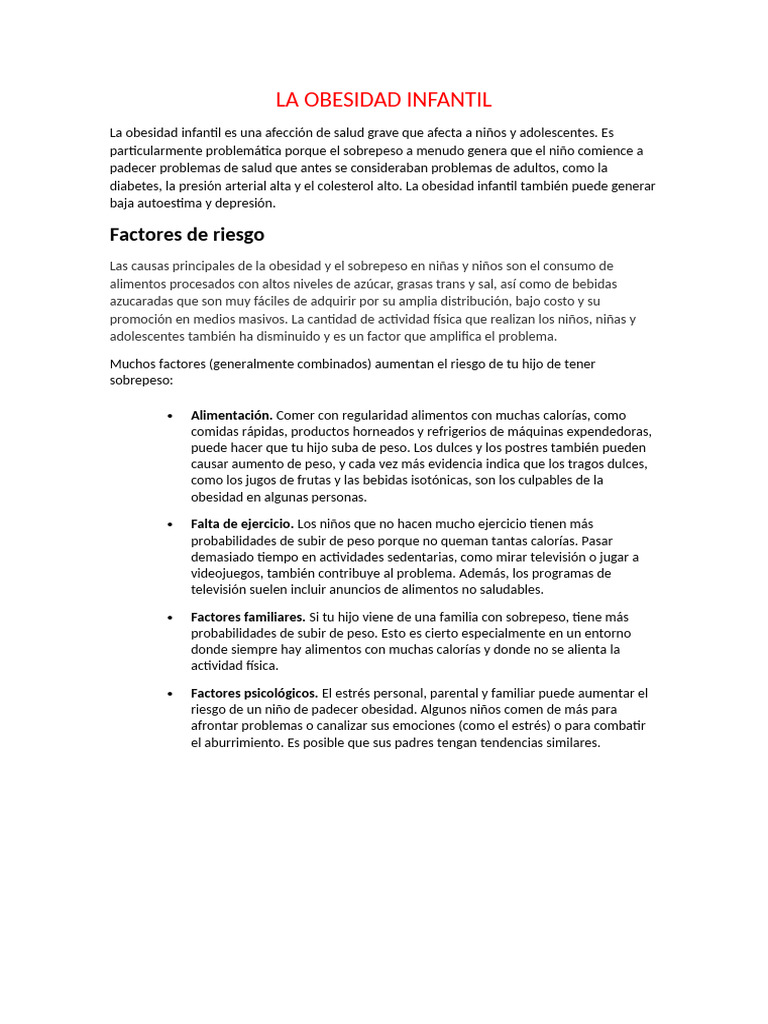 Causas y riesgos de la obesidad infantil | PDF | Obesidad | Obesidad ...