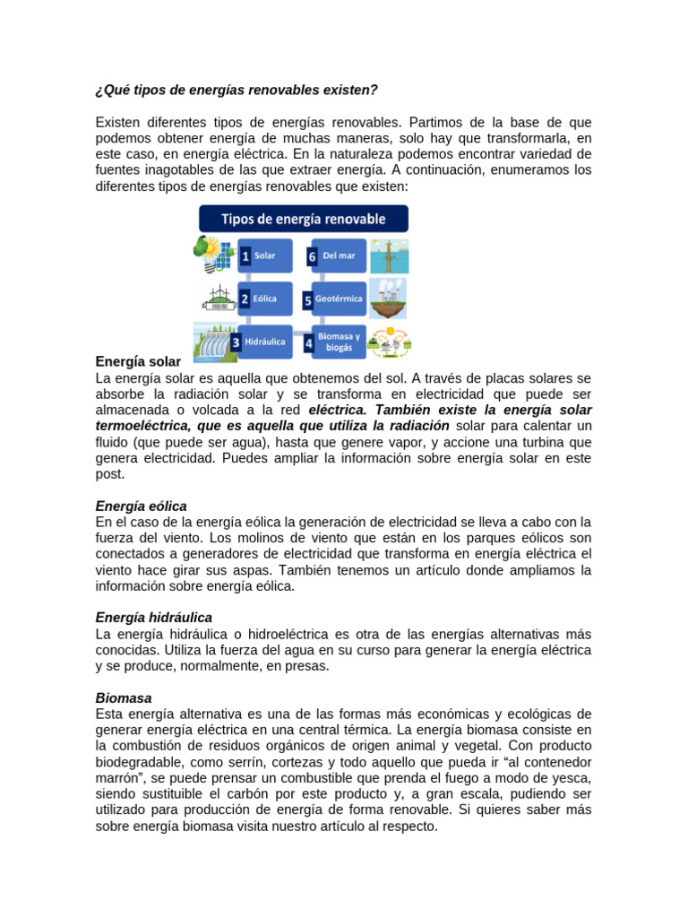 Tipos de energías renovables explicados | PDF | Energía renovable ...