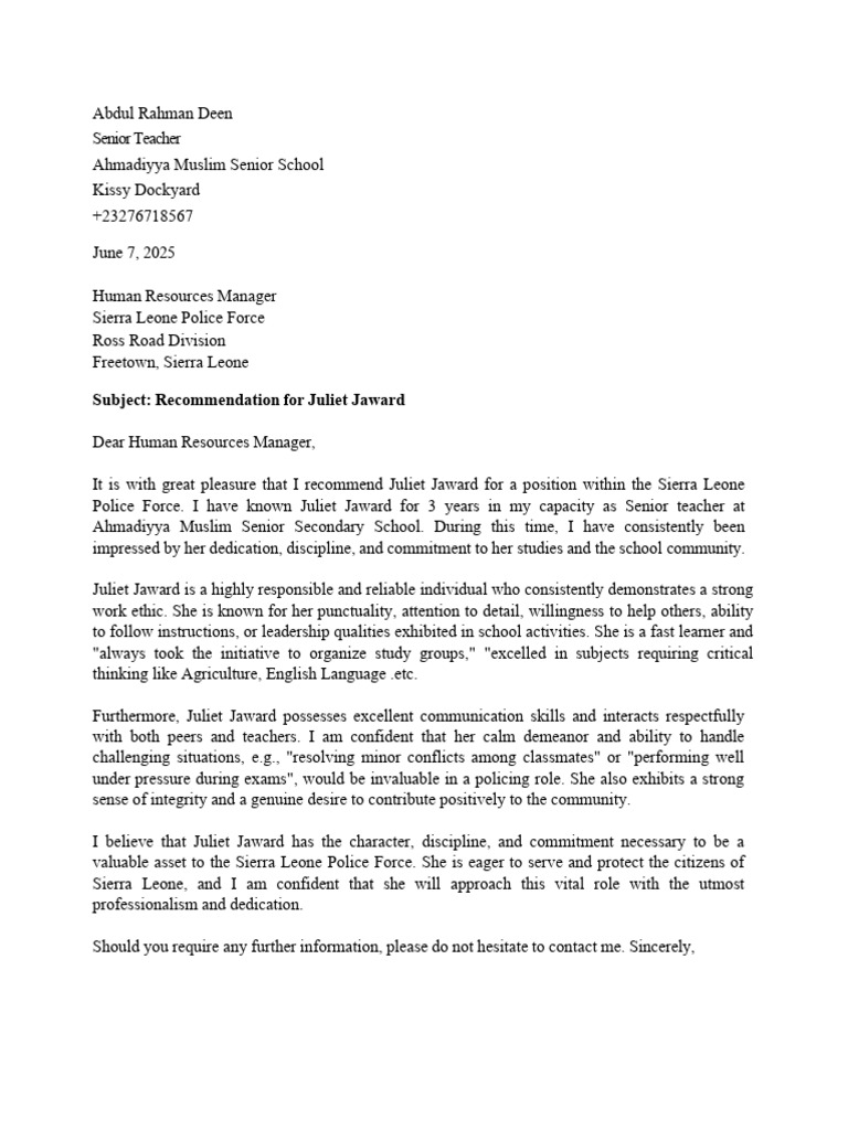 Juliet Jaward Recom. Letter | PDF