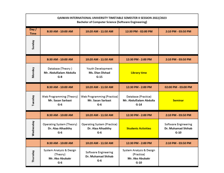 QIU Computer Science Timetable 2023 | PDF