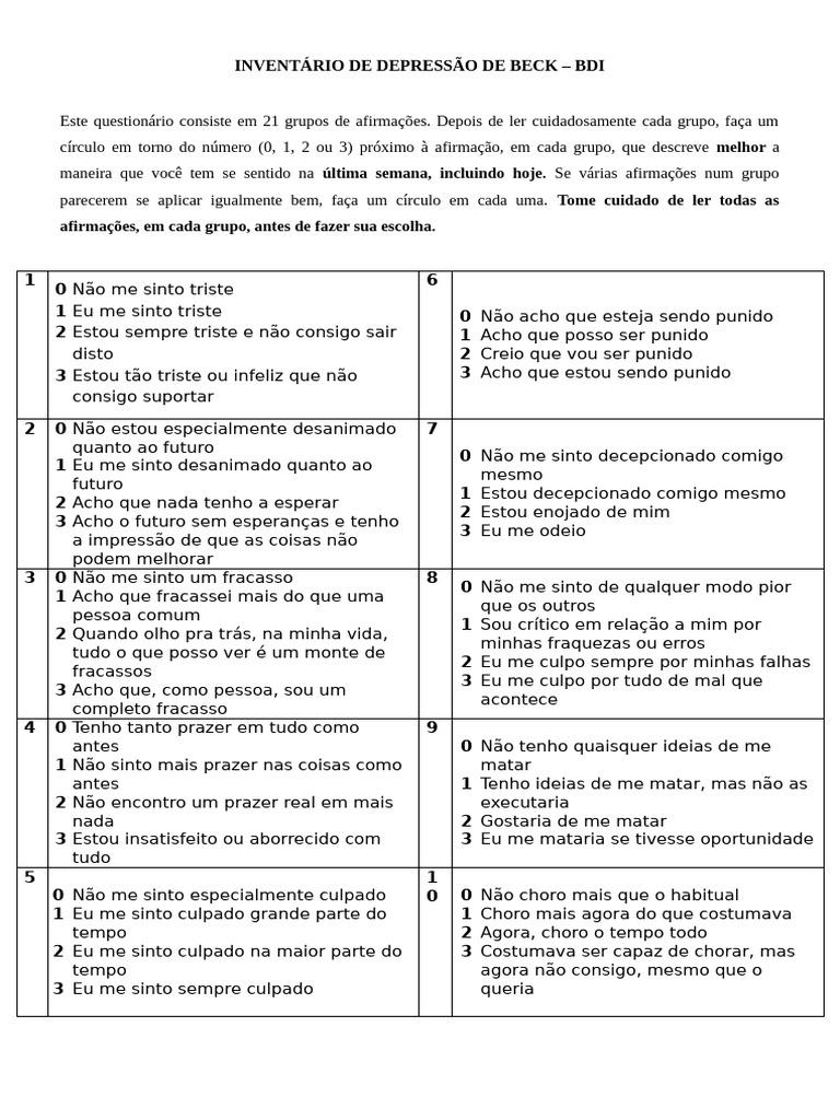 Inventário de Depressão de Beck - BDI | PDF | Depressão