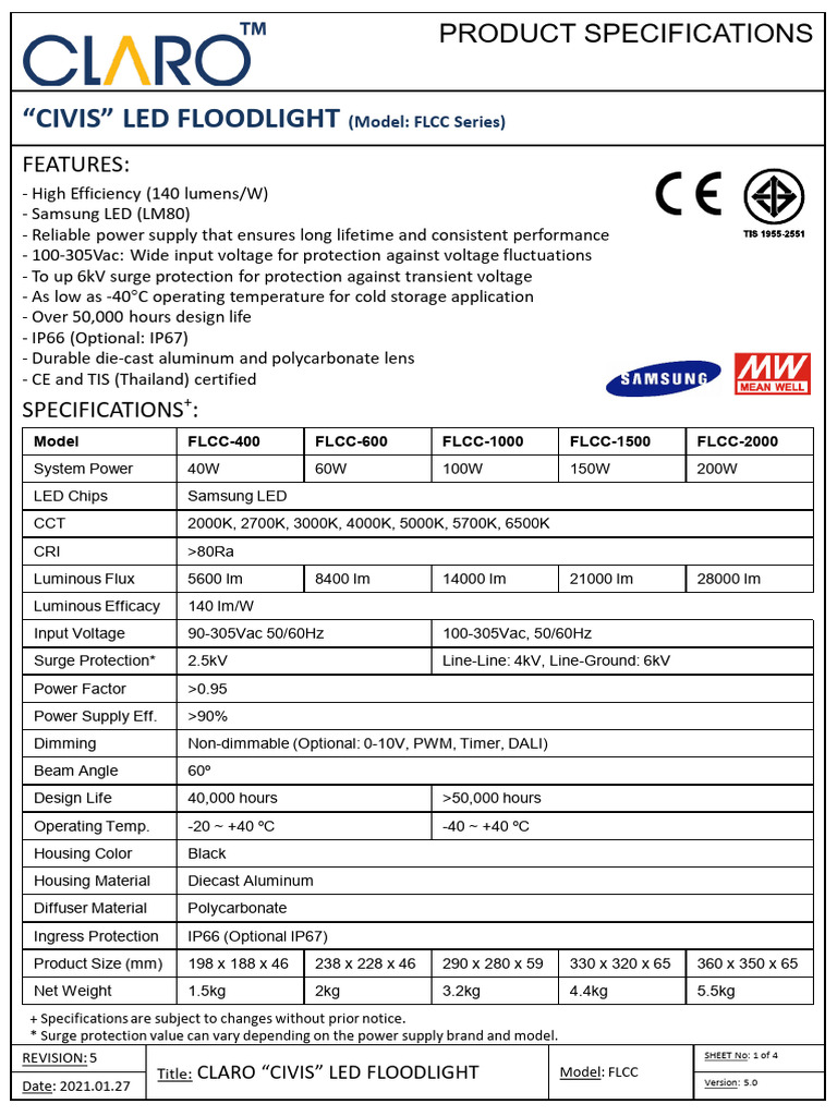 CIVIS LED Floodlight Specifications | PDF | Lighting | Light Emitting Diode