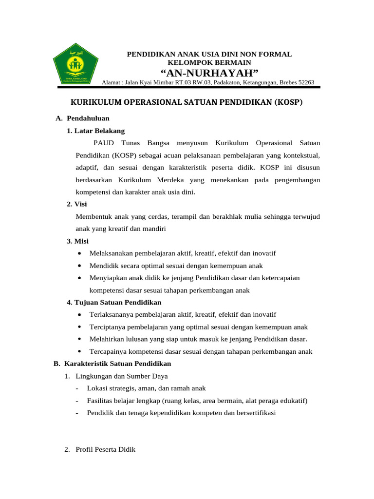 KOSP PAUD Tunas Bangsa: Pembelajaran Kreatif | PDF
