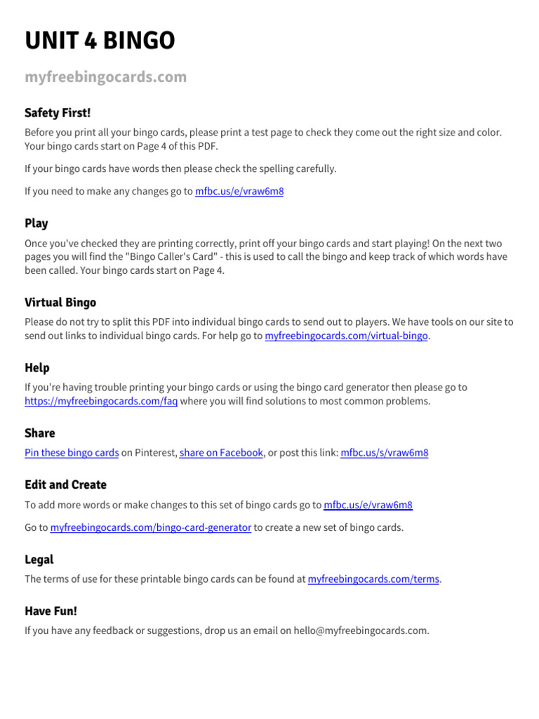Unit 4 Bingo Game Instructions | PDF | Gaming | Gambling