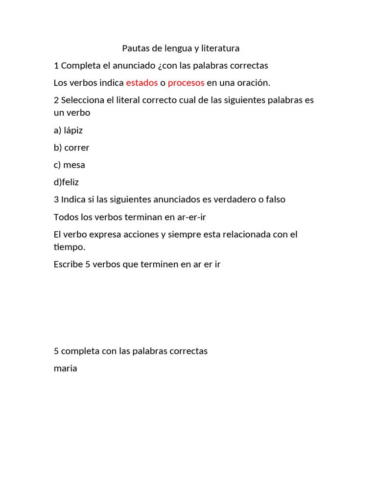 Pautas sobre Verbos en Lengua y Literatura | PDF