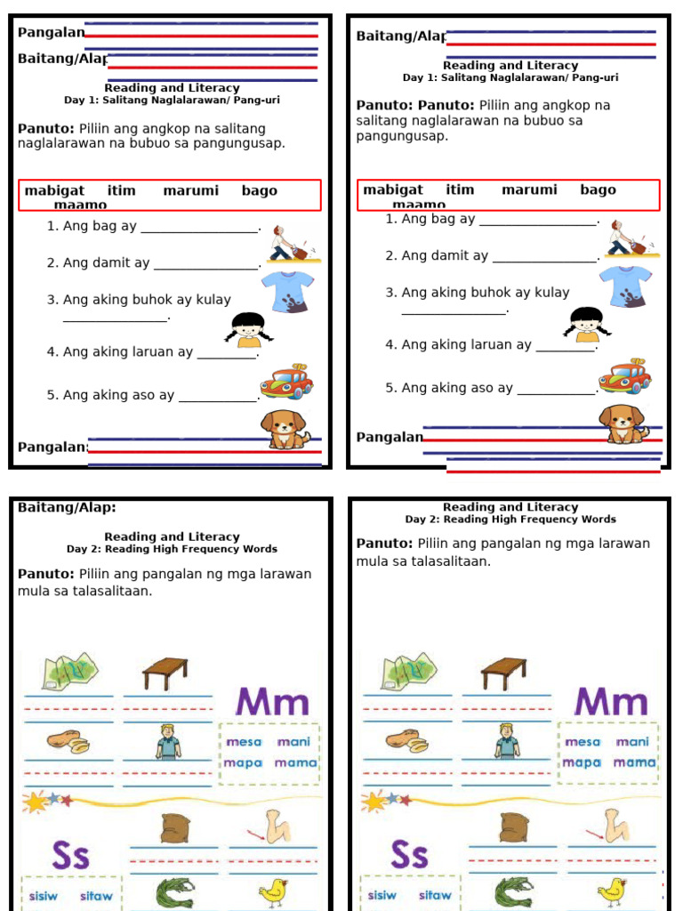 Pangalan: Baitang/Alap: Baitang/Alap:: Reading and Literacy Reading and ...