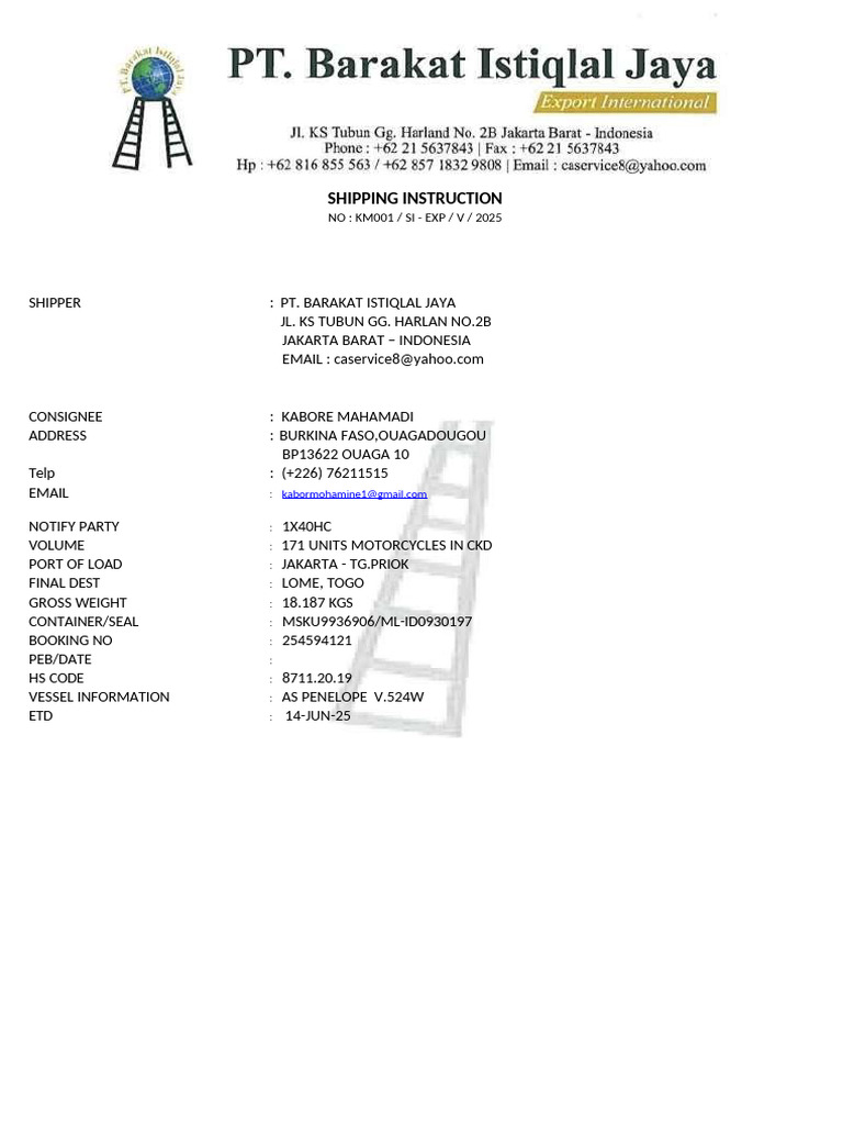 Shipping Instructions for Motorcycles Export | PDF