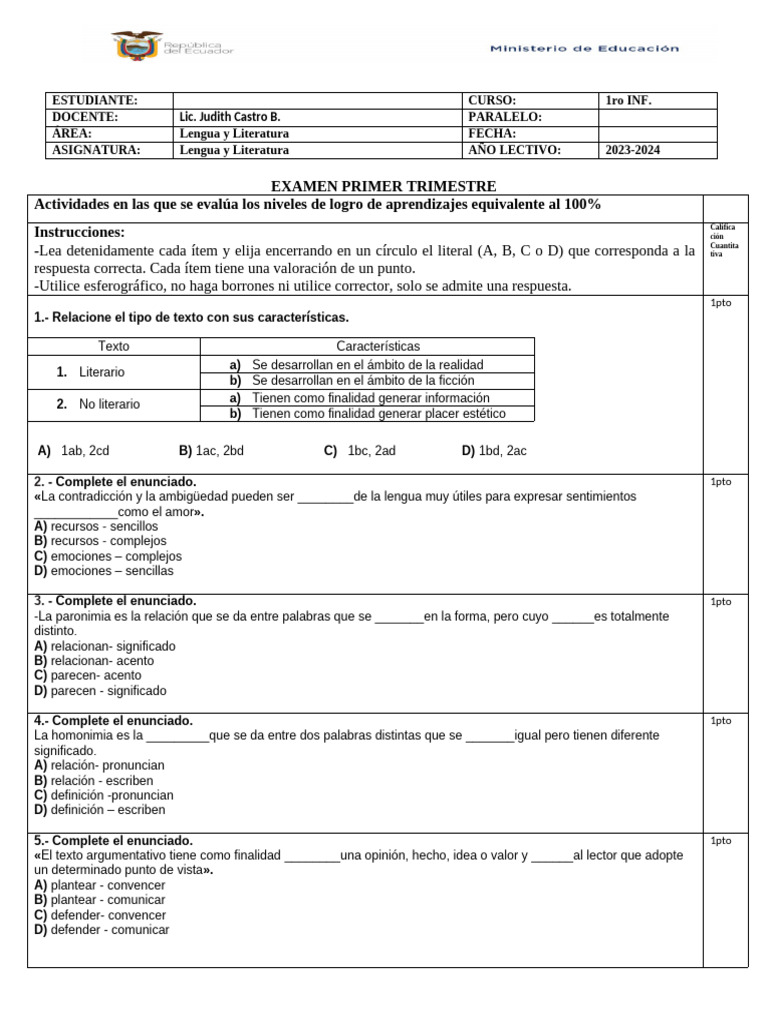 Examen de Lengua y Literatura 1ro INF | PDF | Comunicación humana