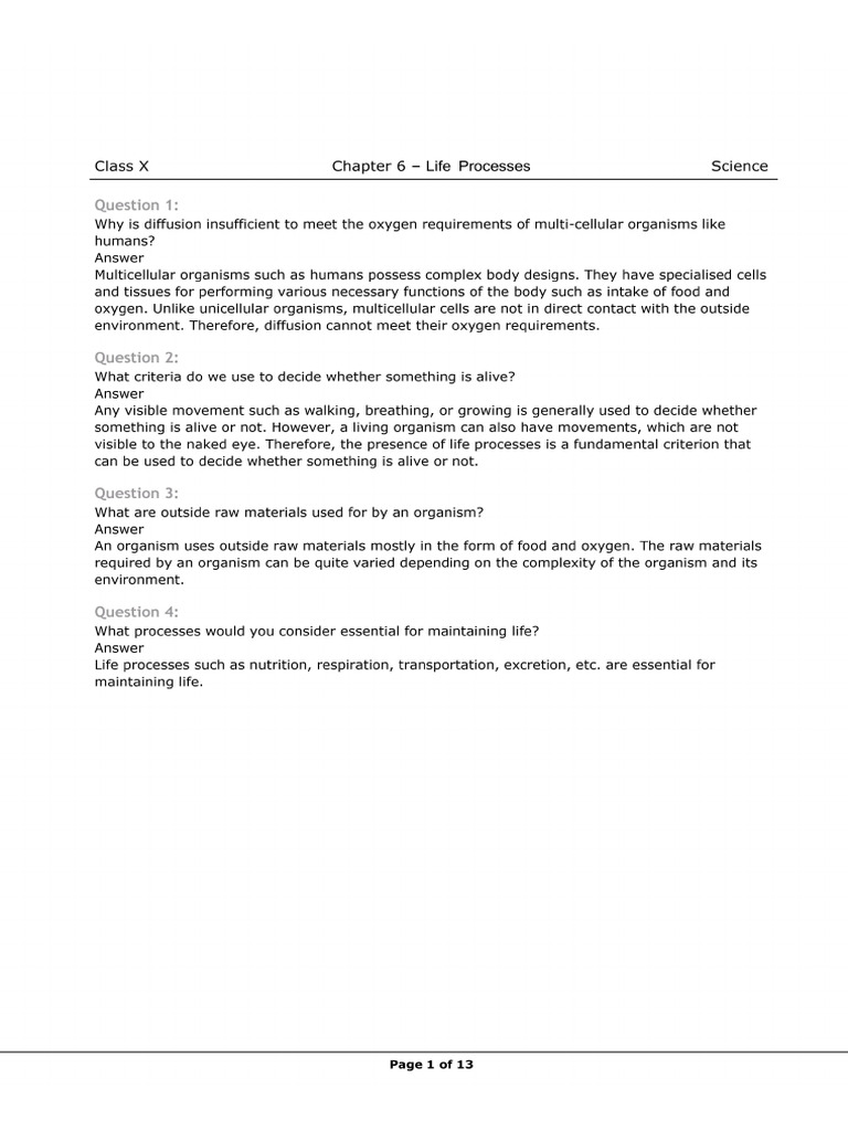 Class 10 Ncert Exercise Life Process | PDF