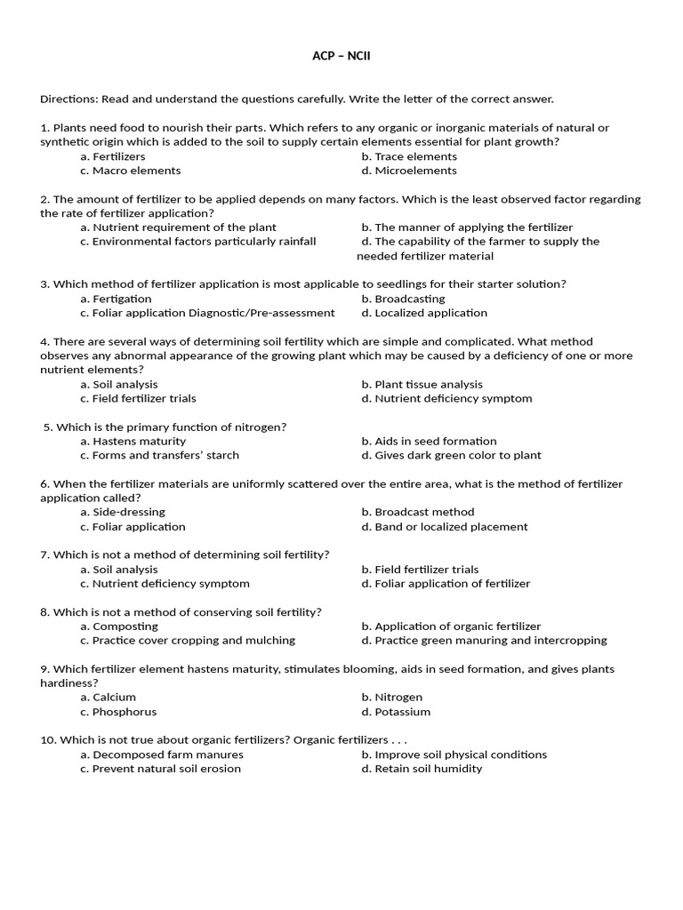 Fertilizer and Weed Management Quiz | PDF | Fertilizer | Weed