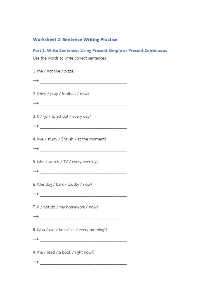 Sentence Writing Practice Worksheet | PDF